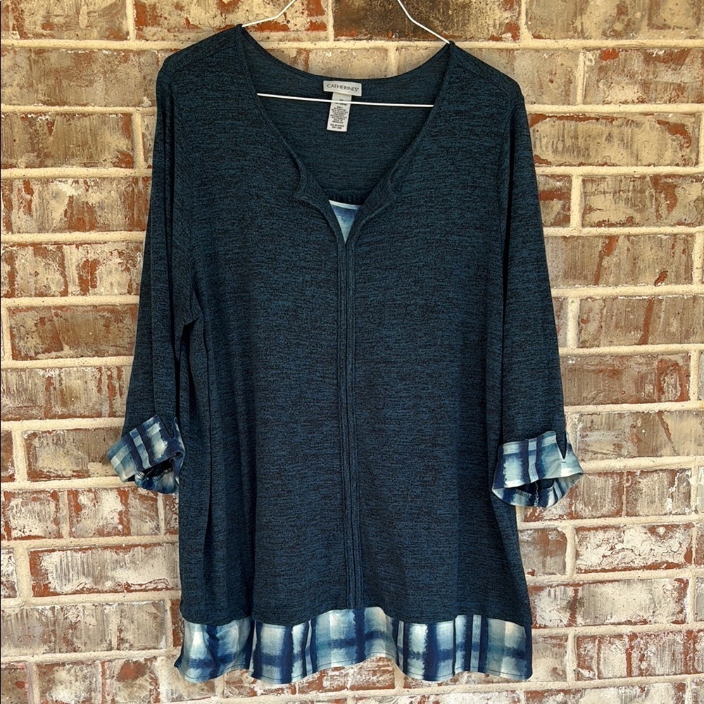 Catherines Dark Blue Tunic with Plaid Accents‎